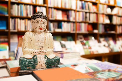 A carved Buddha statue sits meditatively amidst a collection of colorful books, symbolizing peace and knowledge. - ADSF54488