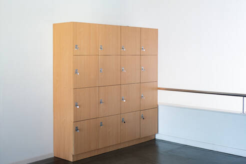 Modern wooden lockers in a bright interior with chrome handles and a minimalist design. - ADSF54581