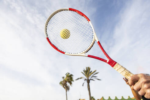 Ausgeschnittener, nicht erkennbarer Arm eines Tennisspielers, der einen Schläger auf einen gelben Tennisball schwingt, mit klarem, blauem Himmel und Palmen im Hintergrund. - ADSF54721