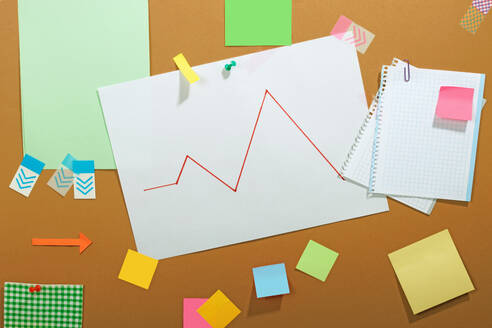 A corkboard with various colorful sticky notes, stationery, and a graph symbolizes a vibrant office concept. - ADSF54852