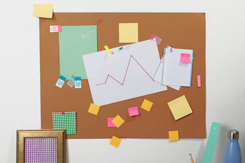 A neatly organized corkboard displaying various stationery items, colorful sticky notes, and a line graph, illustrating a concept of office organization and planning. - ADSF54854