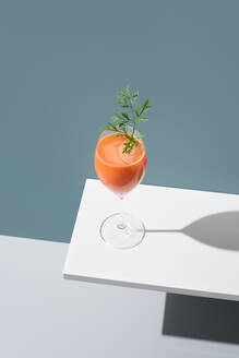 Minimalistic presentation of a cocktail in a stem glass, adorned with a fresh green sprig, against a modern grey backdrop with a strong shadow. - ADSF54861