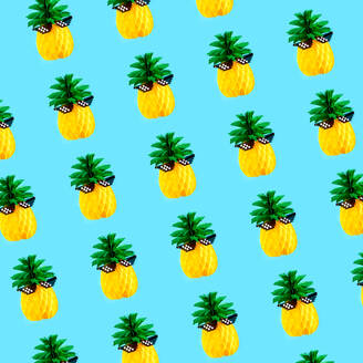 A vibrant seamless pattern featuring repeated illustrations of pineapples with a lively turquoise backdrop perfect for wallpapers or textiles. - ADSF54876