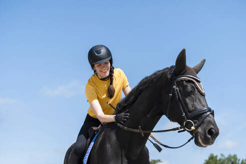 Lächelnder Trainer streichelt schwarzes Pferd an einem sonnigen Tag - NDEF01634