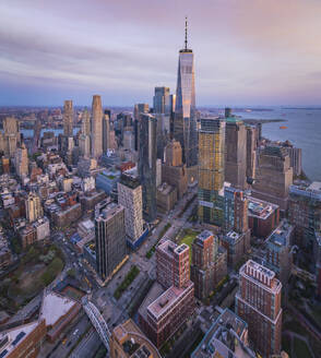 Aerial view of Manhattan, New York City with beautiful skyline and World Trade Center in the evening sunset, New York, United States. - AAEF28129