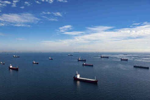 Aerial view of cargo ships anchored in the Marmara Sea waiting to enter the Bosphorus, Istanbul, Turkey. - AAEF28235