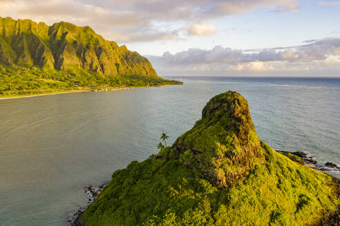 Aerial view of Mokoli'i Island (Chinaman's Hat) and Kualoa Regional Park, Kaneohe Bay, Oahu, Hawaii. - AAEF28306