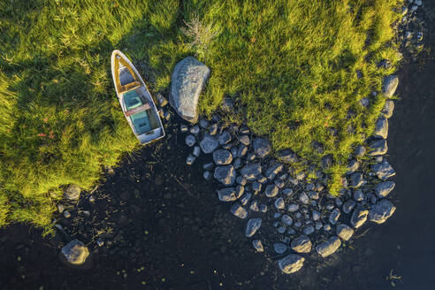 Aerial view of Vuoksi River with boat, Melnikovskoe, Karelia, Russia. - AAEF28427