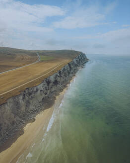 Aerial view of Sangatte Beach and coastal road, Pas de Calais, France. - AAEF28500
