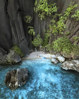 Aerial view of hidden beach and turquoise water, Coron, Palawan, Philippines. - AAEF28550