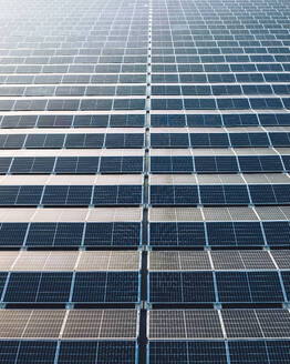 Luftaufnahme einer Drohne von oben auf reflektierende Solarzellen, Ökostrom-Farm, Niederlande. - AAEF28563