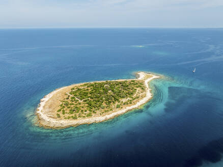 Aerial view of a fish shaped island in Brijuni National Park, Istria, Croatia. - AAEF28688