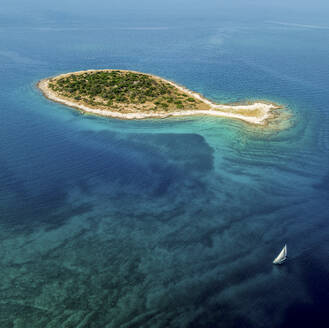 Aerial view of a fish shaped island in Brijuni National Park, Istria, Croatia. - AAEF28689