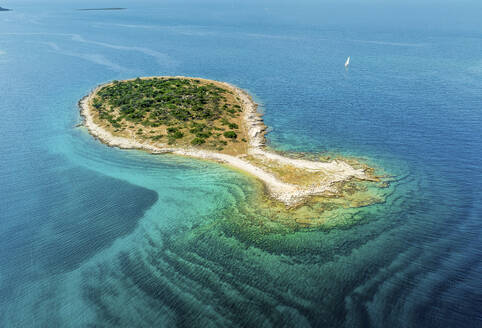 Aerial view of a fish shaped island in Brijuni National Park, Istria, Croatia. - AAEF28690