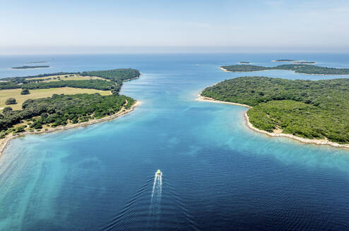 Aerial view of sailing boat near Brijuni National Park islands, Istria, Croatia. - AAEF28692