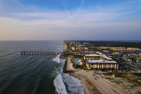 Aerial view of beautiful Saint Augustine Beach with St. Johns Pier and Atlantic Ocean, Florida, United States. - AAEF28697