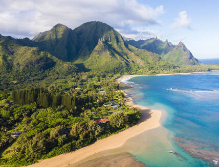 Panoramic aerial drone view of Haena Beach, aka Tunnels Beach, Kauai, Hawaii, United States. - AAEF28702