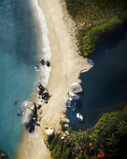 Aerial drone view of the beach in the Tayrona National Natural Park in Santa Marta, Magdalena, Colombia. - AAEF28760