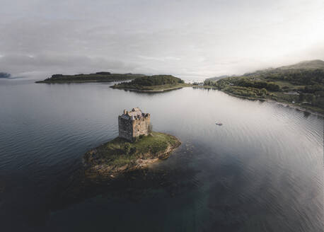 Aerial view of Castle Stalker, Argyll, Scotland. - AAEF28788