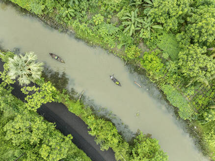 Luftaufnahme eines Bootes, das im schwimmenden Guavengarten mit schöner grüner Landschaft in Pirojpur, Barisal, Bangladesch, segelt. - AAEF28886