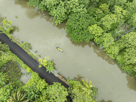 Luftaufnahme eines Bootes, das im schwimmenden Guavengarten mit schöner grüner Landschaft in Pirojpur, Barisal, Bangladesch, segelt. - AAEF28888