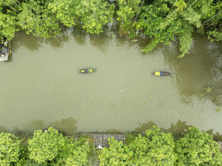 Luftaufnahme eines Bootes, das im schwimmenden Guavengarten mit schöner grüner Landschaft in Pirojpur, Barisal, Bangladesch, segelt. - AAEF28889