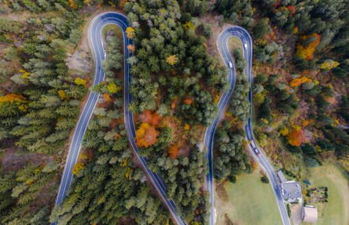 Luftaufnahme der kurvenreichen Straße in San Valentino in Campo, Bozen, Italien. - AAEF28925