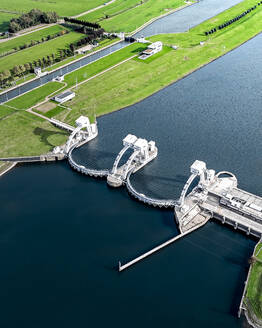 Aerial drone view of Hydro Electric powerstation Nederrijn, Waterkrachtcentrale Maurik, The Netherlands. - AAEF28989