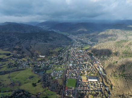 Aerial view of mountain area Thann of Haut-Rhin, in Grand East, Alsace, France. - AAEF29010