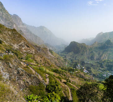 Aerial drone view of Vale do Paul valley from view point, Faja de Cima on Saanto Antao island, Cape Verde. - AAEF29122