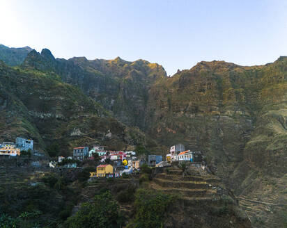 Aerial drone view of Fontainhas town along the coast of Santo Antao island, Cape Verde. - AAEF29147