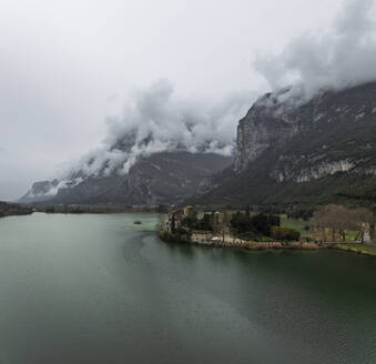 Aerial view of Toblino Lake in the dolomites, Trentino, Italy. - AAEF29239