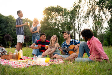 Eine Gruppe multiethnischer Jugendlicher verbringt ihre Zeit bei einem Picknick im Park. Konzept über die Generation Z, Lebensstil und Freundschaft - DMDF11524