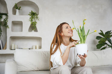 Happy woman smelling flower of potted plant sitting on couch at home - NLAF00445