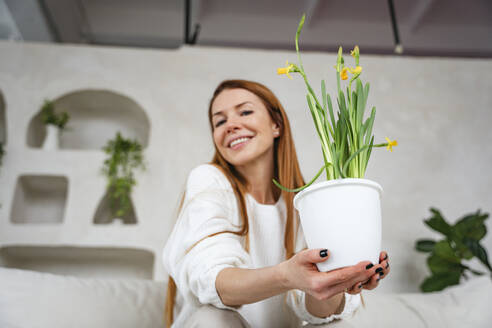 Glückliche Frau, die eine blühende Topfpflanze hält und zu Hause auf dem Sofa sitzt - NLAF00446