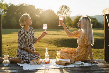 Friends with wineglasses sitting in park on vacation - NDEF01667