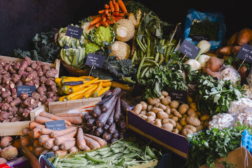 Organic Fruit and vegetable market stall. London, England, United Kingdom - AMWF02270