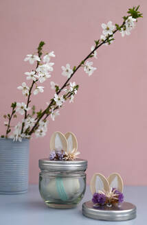 Studio shot of blooming flowers and DIY Easter decorations - GISF01069