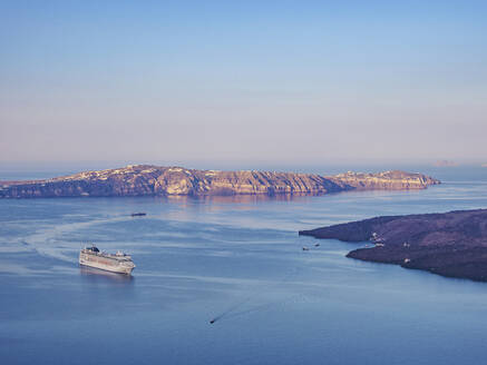 Cruise Ship at the caldera seen from Fira, Santorini (Thira) Island, Cyclades, Greek Islands, Greece, Europe - RHPLF33888