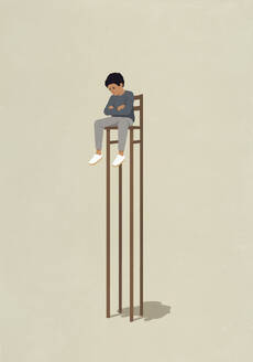 Trauriger Junge, der in der Isolation auf einem hohen Hocker sitzt - FSIF07212
