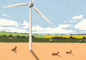 Hirsche, die in einer idyllischen Landschaft in einem hohen Acker unter einer Windkraftanlage spazieren gehen - FSIF07256