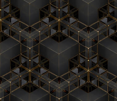 3D-Tapete, die eine Kette von geometrischen Elementen aus schwarzem Metall mit goldenen ausgefransten Kanten darstellt. Hohe Qualität nahtlose realistische Textur. - ADSF55121