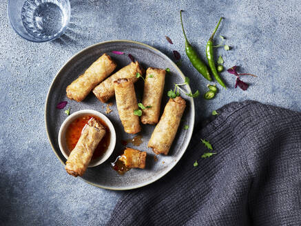 Savory spring rolls served on a stone plate with dipping sauce - ISF26997