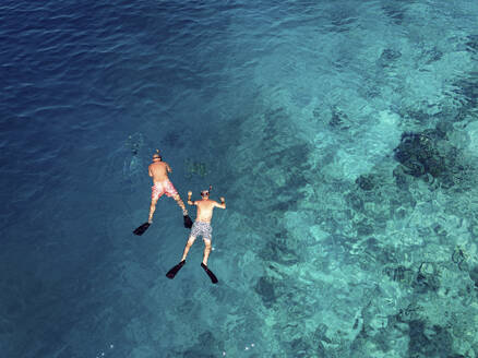 Two friends enjoying a snorkeling adventure in clear blue waters. - ISF27314