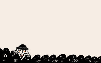 A minimalist illustration of a person in a hat peeking out from abstract shapes with a neutral background - ADSF55365