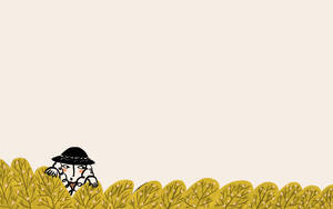 A charming illustration of a quirky character peeking out from behind a row of stylized, doodle-like bushes set against a soft beige background - ADSF55366
