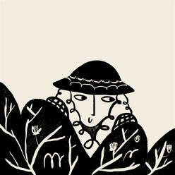 An artistic black and white illustration featuring a mysterious figure with an elaborate hat, hidden among foliage - ADSF55372