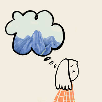 A stylized illustration of a person daydreaming about majestic blue mountains encapsulated in a thought bubble - ADSF55375
